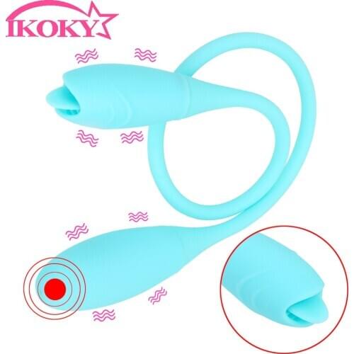 IKOKY Dual Ended Long Vibrator Erotic Sex Toys for Women Butt Plug Double Head Tongue Vibrator 7 Speed Clitoris Stimulator