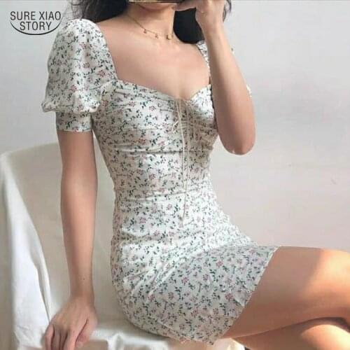 Elegant Puff Sleeve Dresses Korean 2021 Floral Print Mini Sexy White Dress Summer Dress Women Sheath Clothing Vestidos 14669