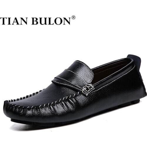 Italian Men Casual Shoes Genuine Leather Men Loafers Moccasins Black Slip on Mens Flats Breathable Male Driving Shoes Plus Size