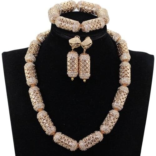 Marvelous Gold Cylinder Rhinestoned Necklace Earrings Set Dubai Arab Wedding Jewelery LC020