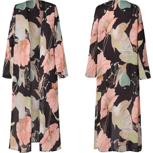 New Womens Chiffon Blouses Summer Kimono Cardigan Long Sleeve Shirt Floral Print Cover Size S-2XL