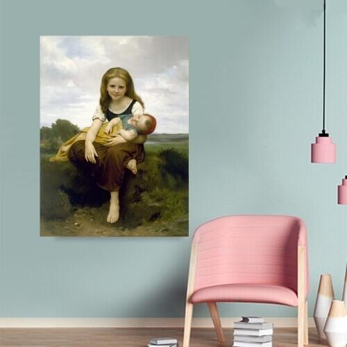 Citon Canvas Oil painting William Adolphe Bouguereau《The Elder Sister》Artwork Poster Picture Modern Wall Decor Home Decoration