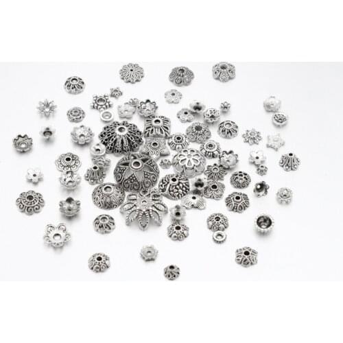 50pcs Mixed Style Antique Silver Color Tibetan Style Alloy Bead Caps for Jewelry Making Findings DIY Accessories