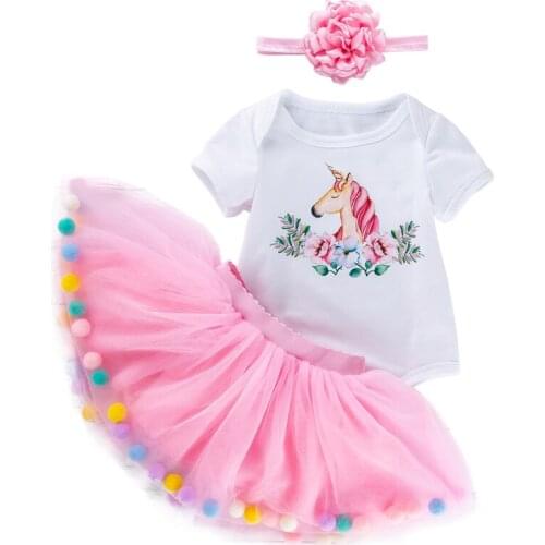 0-24 Months Toddler Skirt Set Baby Girl Unicorn 3-Piece Suit Kids Cute Cartoon Flower T-shirt + Skirt + headband Party Clothing