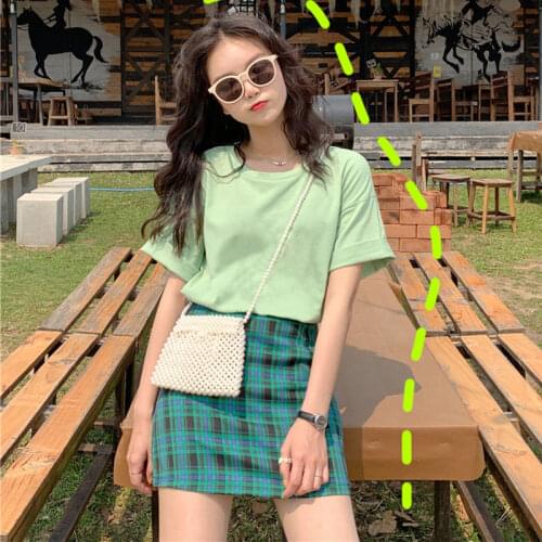 Summer Set Schoolgirl Korean Version of The Solid Color T-shirt and Grid Skirt Casual Honey Fashion Two-piece Set Korean Skirt