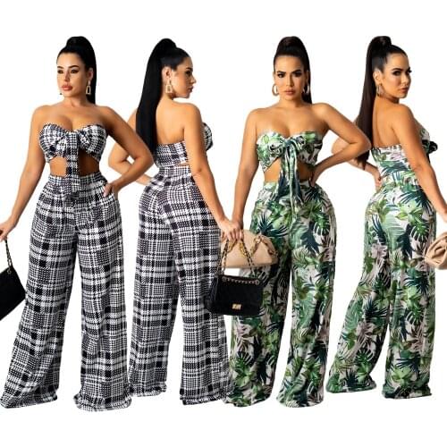 Chiclover Summer Clothes Women Two Piece Set Wholesale Items Sexy Print Lace Up Tube Crop Top Corset and Wide Leg Pants Sets