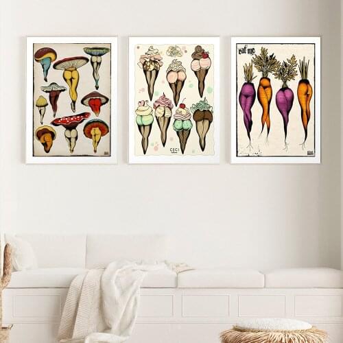 Cute Sexy Carrots Ice Cream Mushrooms Canvas Prints And Poster Botanical Chart Tattoo Flash Painting Wall Picture Home Decortion