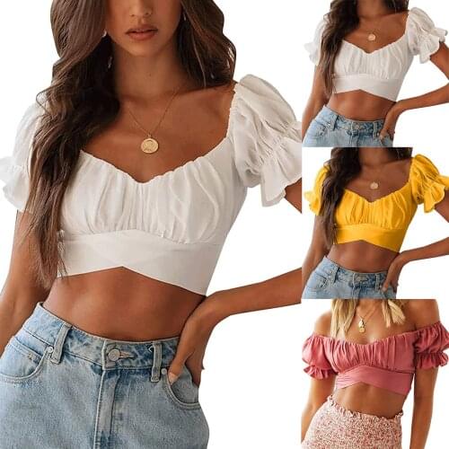 Fashion white chiffon blouse shirt off shoulder sexy crop tops ruffles pull sleeve Summer womens shirt 2021 Sexy Woman Tops
