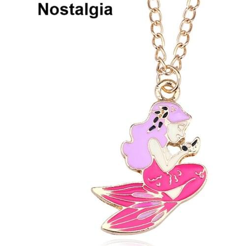 Nostalgia Little Mermaid Necklace Women Chain Pink Enamel Colorful Girls Jewelry Kids