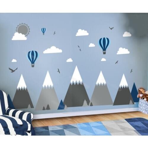 Huge mountain peak Wall Sticker Cloud Bird Hot Balloon tree Decal Decor Kids Room Murals Nursery Forest poster wallpaper JW375