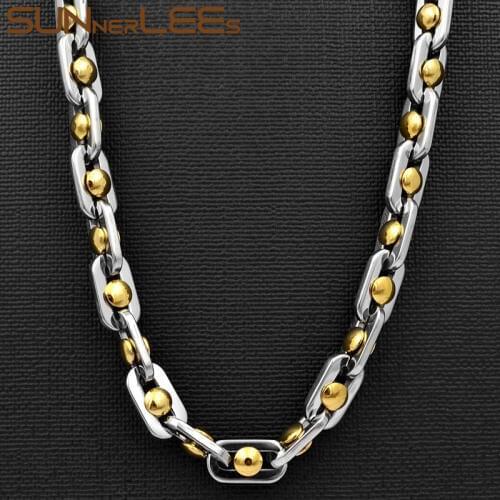 SUNNERLEES 316L Stainless Steel Necklace 9mm Geometric Beads Link Chain Gold Silver Color Men Women Fashion Jewelry Gift SC74 N