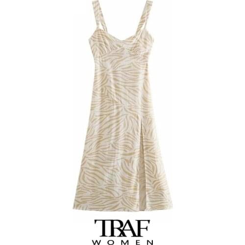 TRAF Za Women Fashion Animal Print Vent Hem Midi Dress Vintage Backless Elastic Wide Straps Female Dresses Vestidos Mujer