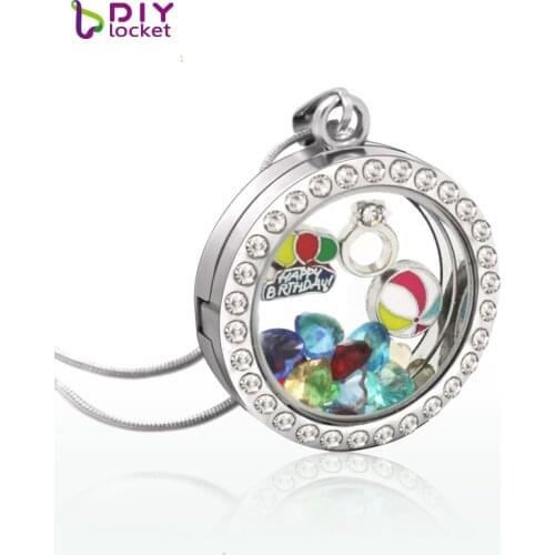 Diylocket 30mm Round magnetic glass floating charm locket (4 Color 8 Style can Choose) with Free Chain LSFL01-LSFL02