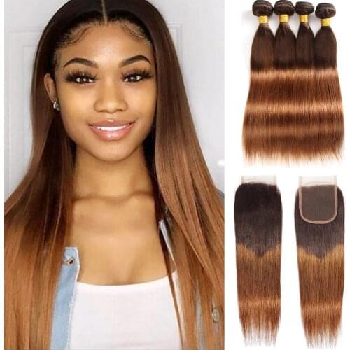 Ombre Bundles With Closure Brazilian Bone Straight Bundles With Closure Brown T4/30 Human Hair Bundles With Closure