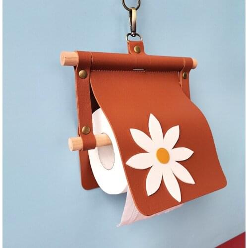 Nordic Daisy Leather Paper Holder Wood Rack Nordic Tissue Roll Stand Shelves Wall Hanging Storage Rack Bathroom Organizer Hanger