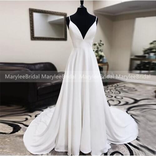 Deep V Neck Wedding Dresses 2020 Simple A Line White Satin Backless Bridal Gowns Chapel Train Spaghetti Straps Bride Dress