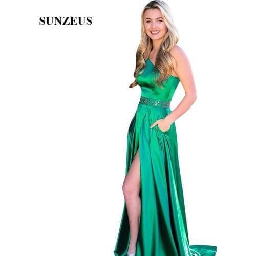 One Shoulder Green Prom Dresses Beaded Waistlband Long Satin Party Gowns With Side Slit A-line Women Dress