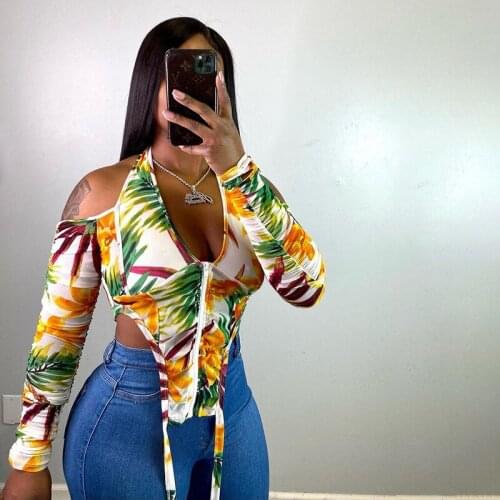 Halter Floral Print T-shirt Fall V-neck Halter Tie Mesh See-through Long Sleeve Crop Tops Grunge Harajuku Shirt Y2k Goth Clothes