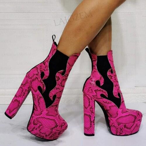 SEIIHEM Women Ankle Platform Boots Elastic Band Snake Print Block High Heels Booties Comfortable Shoes Woman Big Size 41 44 47