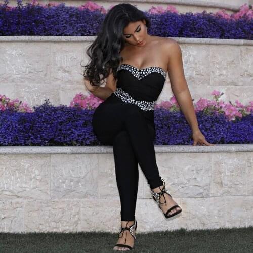 Tailored Crystal Strapless Bandage Legging Sleeveless Off The Shoulder Long Leg Tight Waist Beading Bodtcon Jumpsuit