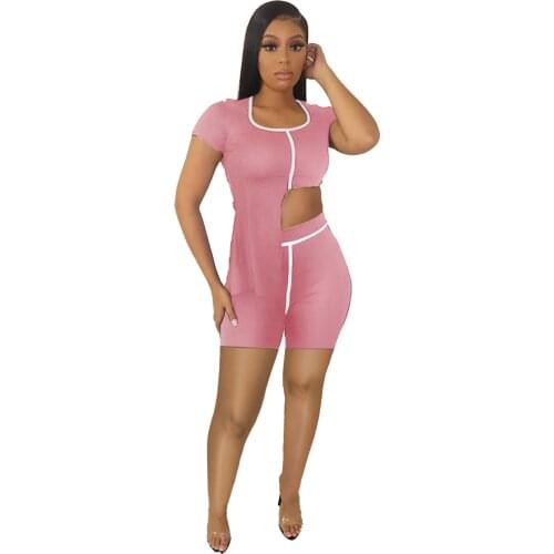 Two Piece Outfits Women Sweat Suit White Striped Printed Asymmetry Pullover T-Shirt Top Biker Shorts Sweatpants Tracksuit