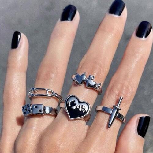 Punk Vintage Silver Color Heart Sword Ring Set for Women Gothic Dice Anillos Hip Hop Y2k Korean Fashion Male Gift Jewelry