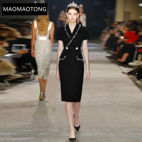 Womens Clothing Summer Fashion Designer Black Sheath Dress Women Notched Short Sleeve Beading Lady Office Bodycon Midi Dress