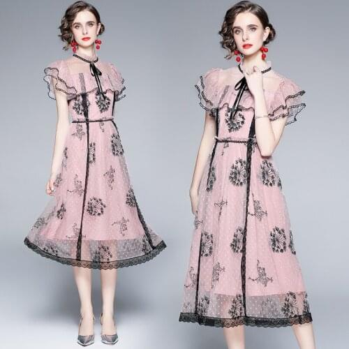 Womens Butterfly Sleeve Ruffles Bow Collar Lace Embroidered Mesh Party Vestidos Summer Gauze Noble Elegant Pink Dresses 9970