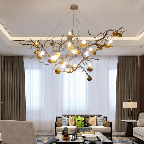 2020 tea colored glass living room chandelier all copper light luxury Tea Room Restaurant creative branch lamp villa lamp
