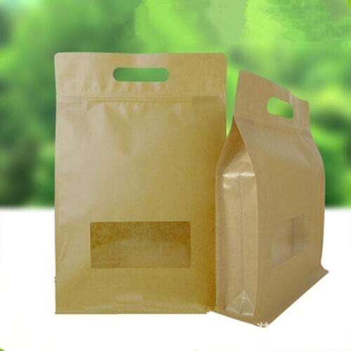 500Pcs Brown Kraft Paper Stand Up Handbag Zip Lock Side Gusset with Clear Window Zipper Pouches Dry Flower Food Storage Bag