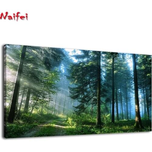 Diamond Painting Embroidery Mosaic Large Size Nature Green Tree Road Sunrise Fog Wood Landscape Kitchen Office Home Decoration