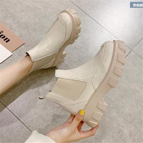 Spring Autumn Patent leather Ankle Boots Women motorcycle Boots Female Shoes Woman Thick Sole punk Boots Beige Black Eu 35-39