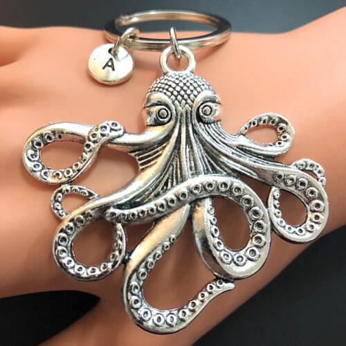 New Fashion Initial letter Men Keychain DIY Metal Holder Chain Vintage Octopus Silver Color Pendant Souvenirs Gift Dropshipping