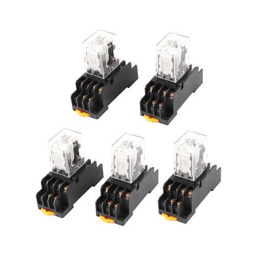 DC 12V Coil Green Indicator Lamp 3PDT 11 Pins Power Relay 5 Pcs + Socket Base