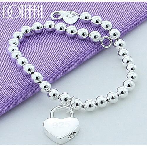 DOTEFFIL 925 Sterling Silver Heart Lock 6mm Beads Chain Bracelets Jewelry Women Top Quality Lovers Bracelets Christmas Gift