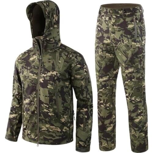 TAD Mens Military Uniform Tactical Jacket Sets Soft Shell Waterproof Hooded Hiking Jackets Fleece Pants Outdoor Hunting Clothes