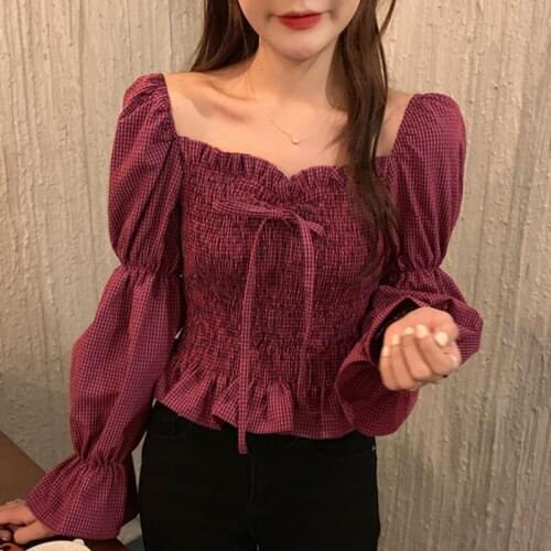 Square Collar Clavicle Exposed Sexy Blouse Women Draped Design Pullover Puff Long Sleeve Blusas Spring 2021 Shirt Femmme