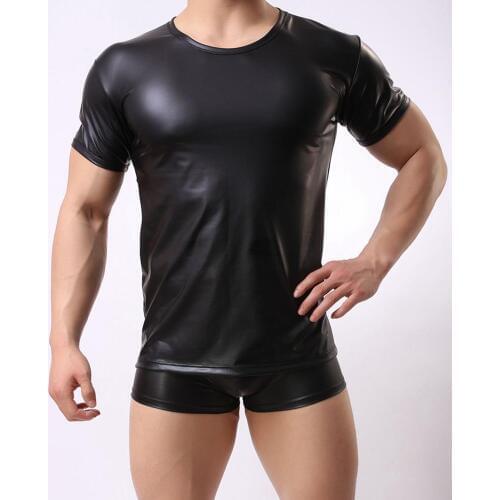 PU Leather T Shirts Men Sexy Fitness Tops Gay T-shirt Tees Mens Stage Transparent Mesh T-shirt O-Neck Sexy Men Casual Clothes