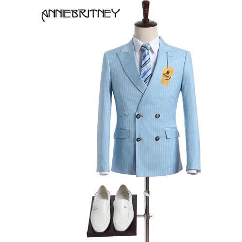 New Brand Light Blue Stripes Suit Men Double Breasted Tuxedo Slim Fit 2 Piece Groom Blazer Prom Wedding Suits Ternos Jacket+Pant