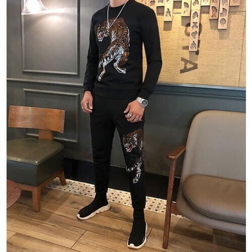 2020 New cotton Set Autumn Tracksuit Set Male Sweatshirt high quality Fashion Men Tracksuit two pieces hot drilling