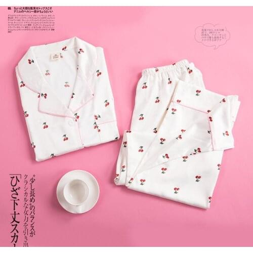 New Autumn Pajama Korean Ice Silk Cherry Two-Piece Set Ins Home Wear Long-Sleeved Trousers Can Wear Outside Intimate Lingerie