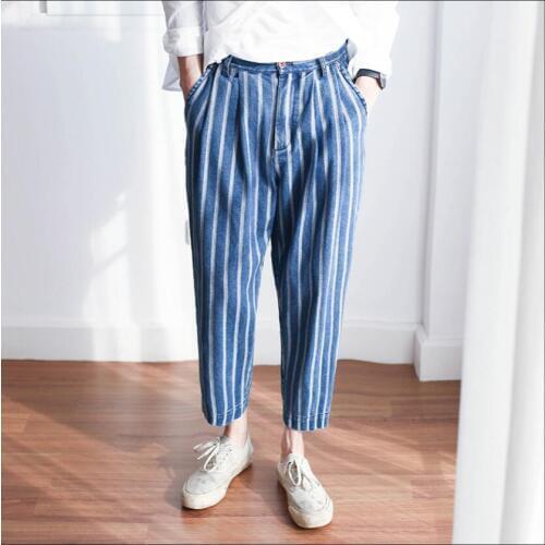 The New Summer Thin Feet Blue Striped Pants Casual Jeans Mens Fashion Loose Tide Nine Points Pants Hairstylist Singer Costumes