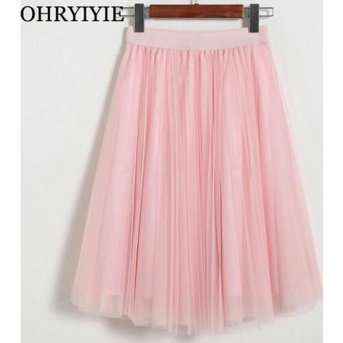 OHRYIYIE 4 Layer Pink Voile Tulle Skirts Women Autumn Winter Elastic High Waist Pleated Midi Party Tutu Skirt Jupe Longue Femme