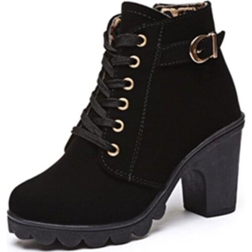 Autumn Winter Boots Shoes Womens Round Toe Thick-heeled High-heeled Mid-tube Front Lace-up Ankle Boots Ankle Boots