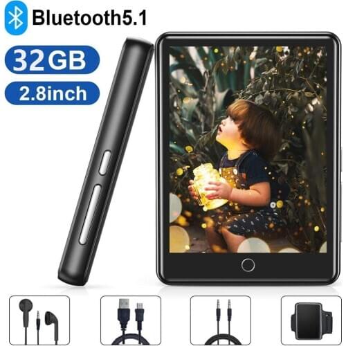 MP3 Player 32GB Bluetooth 5.1, Full Touch Screen 2.8'' Portable HiFi Lossless Music Player Built-in Speaker, Support up to 128GB