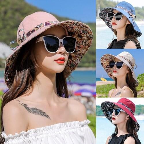Women Summer UV Protection Sunhat Foldable Dome Caps Two Sides Flower Printed Large Brimmed Beach Hats Sun Protection Fashion