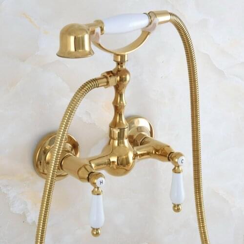 Contemporary Luxury Gold Color Brass Wall Mounted Bathtub Faucet with Handheld Shower Set +150CM Hose Mixer Tap 2na843