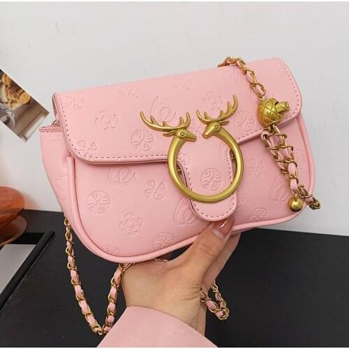 Small Leather Pink Womens Bag Solid Color Chain Crossbody Bags Deer Lock Designer Female Handbags Printd Flower Shoulder Bags