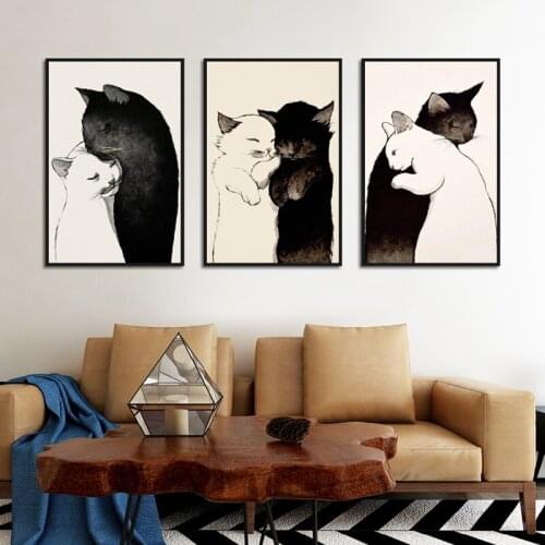 Home Decoration Black and White Double Cat Art Painting Northern Europe Simple Living Room Wall Hanging Picture Frameless