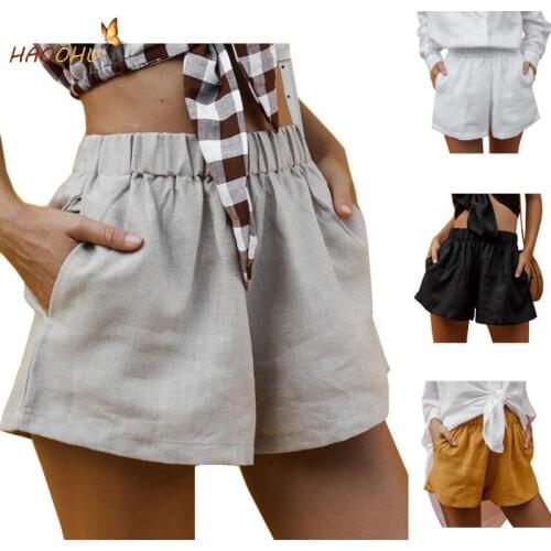 Streetwear Elastic Waist High Street 2021 Casual Beach Loose Solid Color Wide Leg Cotton Linen Shorts Woman Clothes Urban